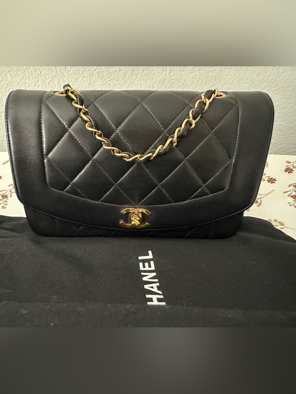 Chanel Diana Black Quilted Leather Shoulder Bag with Gold Chain